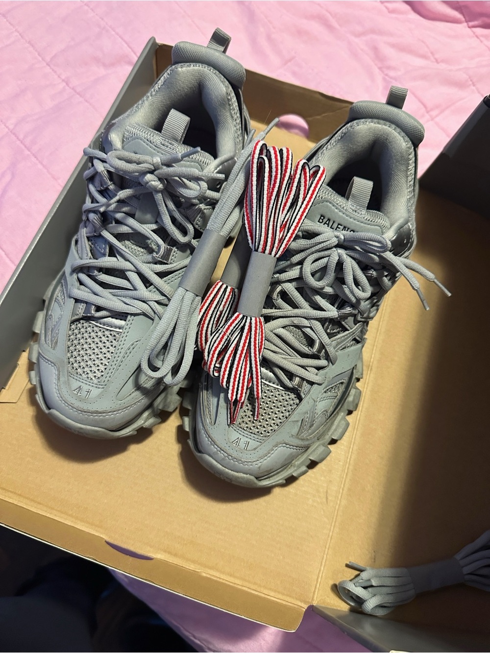 Balenciaga Grey Triple S-Style Chunky Sneaker with Striped Laces